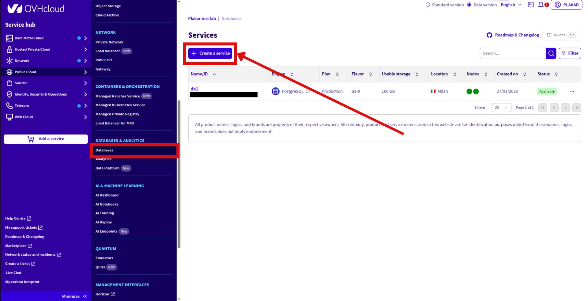 OVHcloud Databases Page