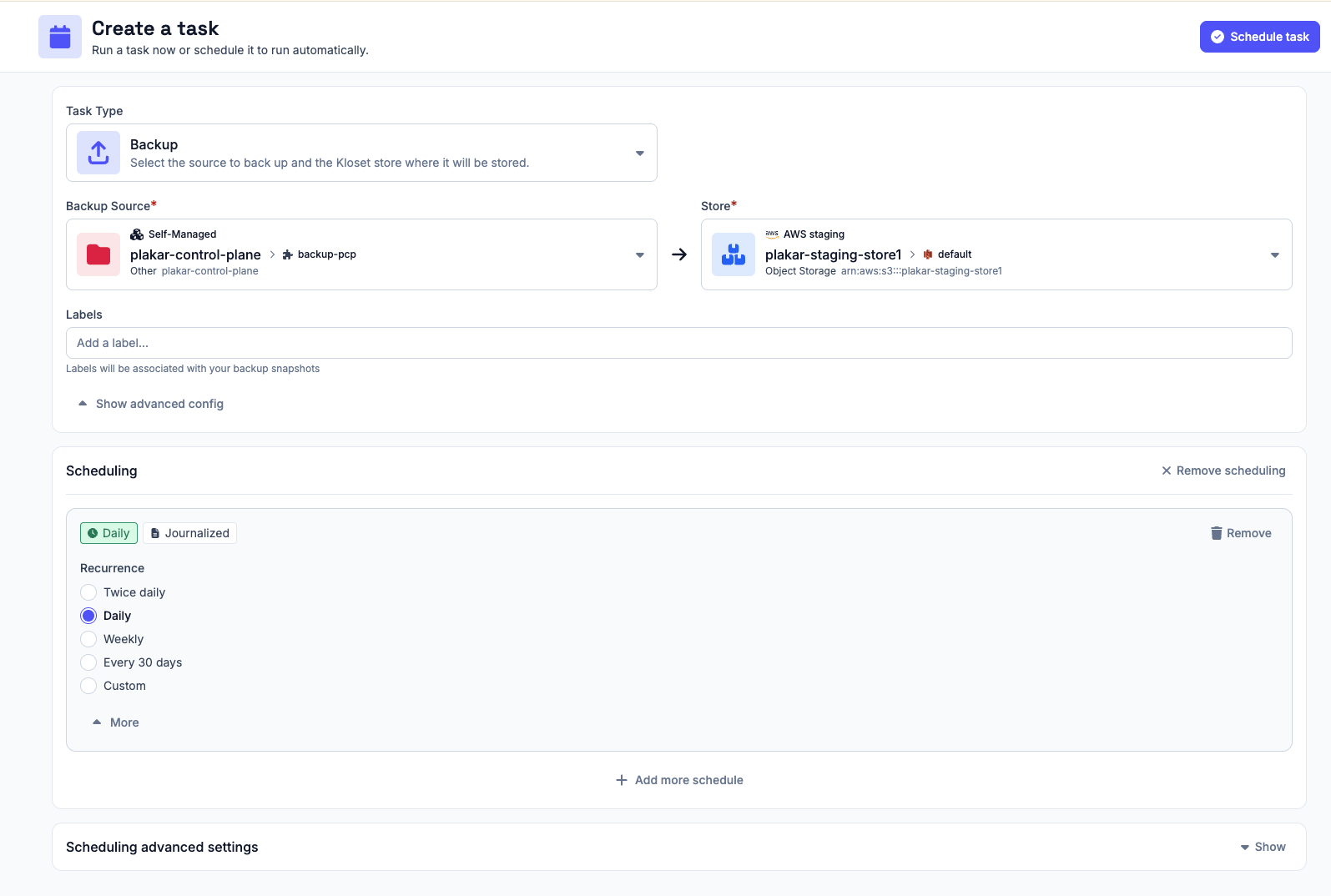 Schedule a backup task for the PCP app