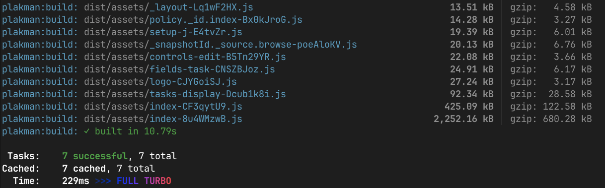 The Vite build output showing bundle sizes and chunk filenames