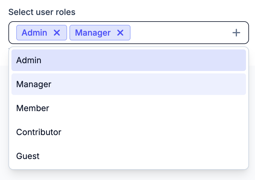 MultiSelect with the dropdown open, search field focused, and selected items shown as tags