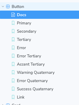 The Button component in Storybook with all its variants visible in the sidebar