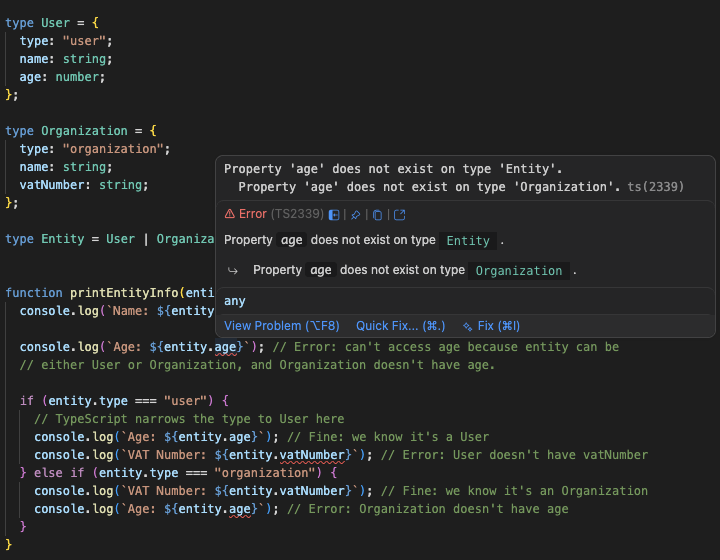 TypeScript narrowing Entity to User in the editor