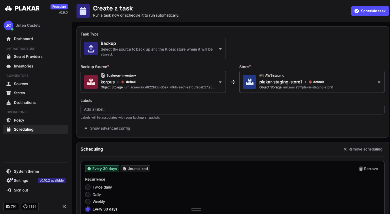 Plakar Control Plane — create and schedule a backup task